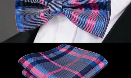 Blue and Pink Check Design Bow Tie With Matching Cuff Links and Pocket Square