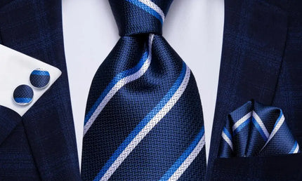 Blue and White Striped Tie With Matching Cuff Links and Pocket Square