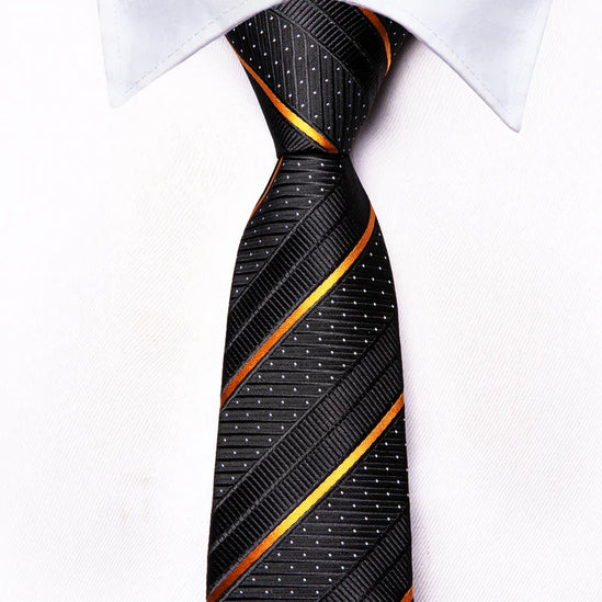 Boys Black and Gold Striped Silk Tie with matching pocket square