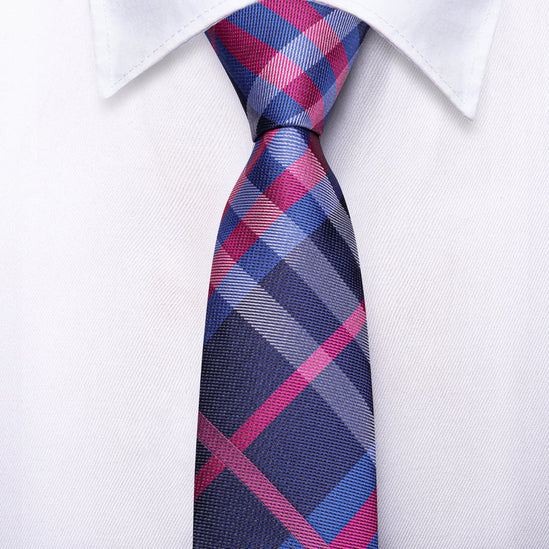 Boys Blue and pink Plaid Silk Tie with matching pocket square