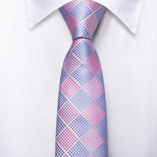 Boys Pink and Blue Check Silk Tie with matching pocket square