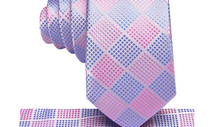 Boys Pink and Blue Check Silk Tie with matching pocket square