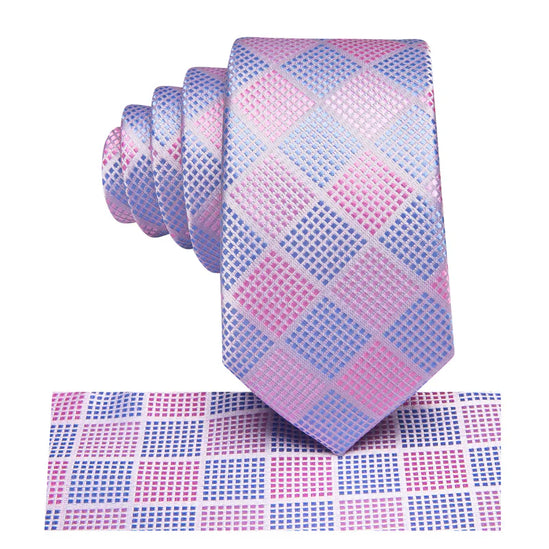 Boys Pink and Blue Check Silk Tie with matching pocket square