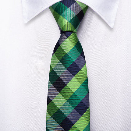 Boys green and blue plaid silk tie with matching pocket square