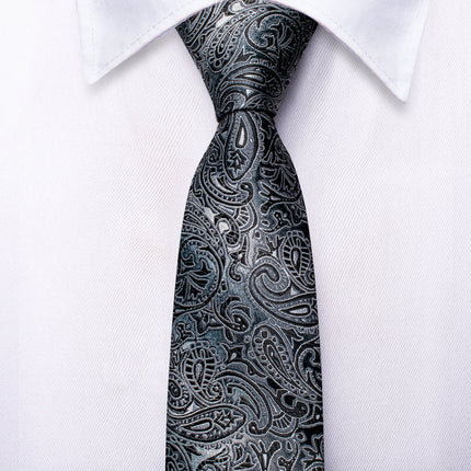 Boys silver and black paisley silk tie with matching pocket square