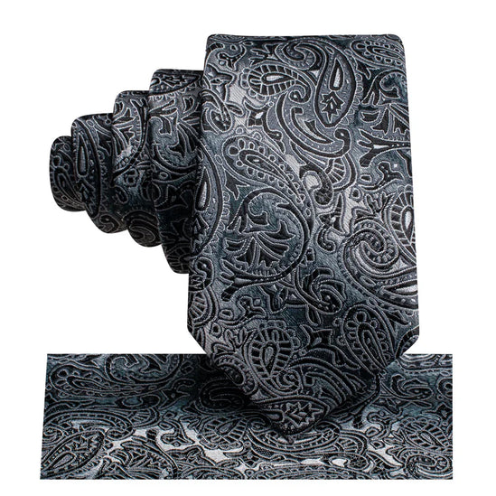 Boys silver and black paisley silk tie with matching pocket square