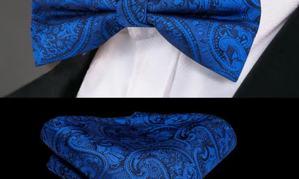 Bright Blue Paisley Bow Tie With Matching Cuff Links and Pocket Square