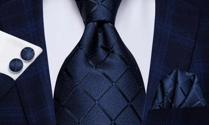 Dark Blue Check Pattern Tie With Cuff Links and Pocket Square