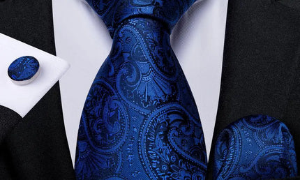 Dark Blue Paisley Tie With Matching Cuff Links and Pocket Square