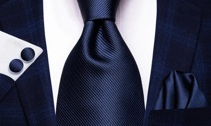 Dark Blue Textured Pattern Tie With Matching Cuff Links and Pocket Square