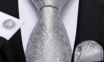 Gray Floral Pattern Tie With Matching Cuff Links and Pocket Square