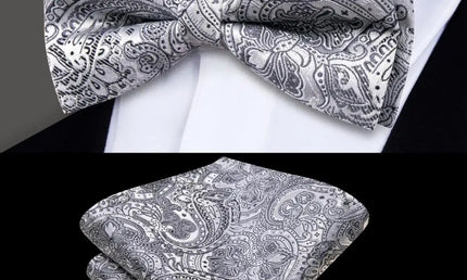 Gray Paisley Bow Tie With Matching Cuff Links and Pocket Square