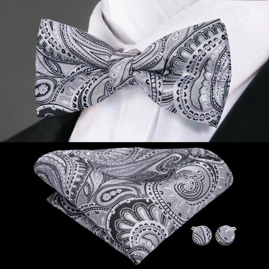 Gray Paisley Design Bow Tie With Matching Cuff Links and Pocket Square