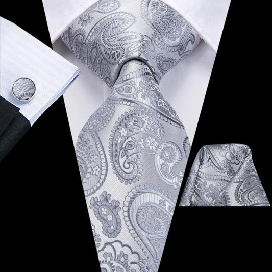 Gray Paisley Tie With Matching Cuff Links and Pocket Square