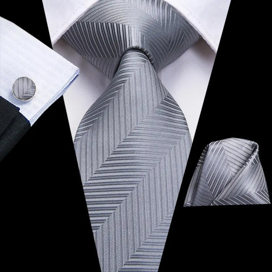 Gray Striped Tie With Matching Cuff Links and Pocket Square