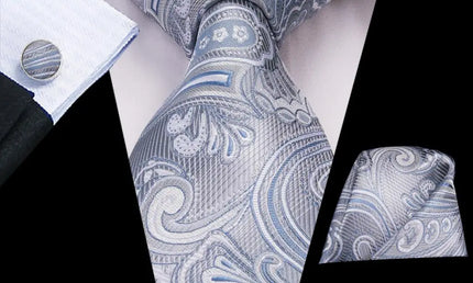Gray and Blue Paisley Tie With Matching Cuff Links and Pocket Square