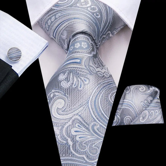 Gray and Blue Paisley Tie With Matching Cuff Links and Pocket Square