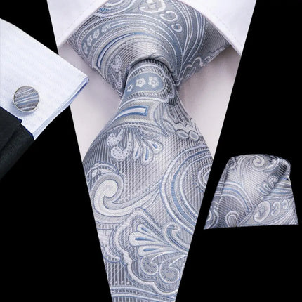 Gray and Blue Paisley Tie With Matching Cuff Links and Pocket Square
