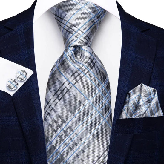 Gray and Blue Striped Tie With Matching Cuff Links and Pocket Square