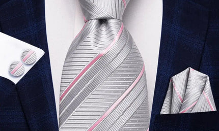 Gray and Pink Striped Tie With Matching Cuff Links and Pocket Square