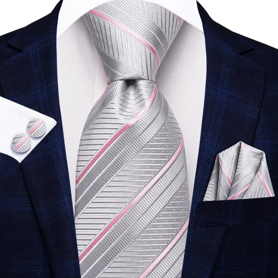 Gray and Pink Striped Tie With Matching Cuff Links and Pocket Square