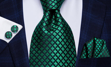 Green Geometric Design Tie With Matching Cuff Links and Pocket Square