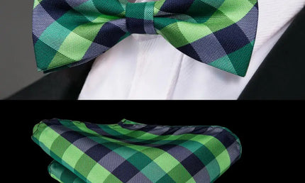 Green and Blue Check Design Bow Tie With Matching Cuff Links and Pocket Square