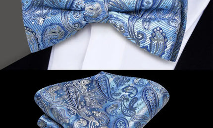 Light Blue Paisley Bow Tie With Matching Cuff Links and Pocket Square