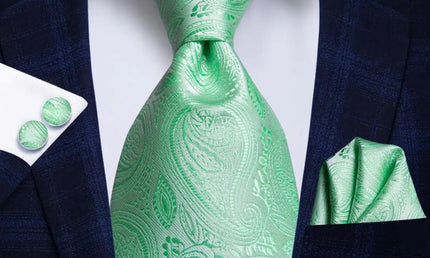 Mint Green Floral Design Tie With Matching Cuff Links and Pocket Square