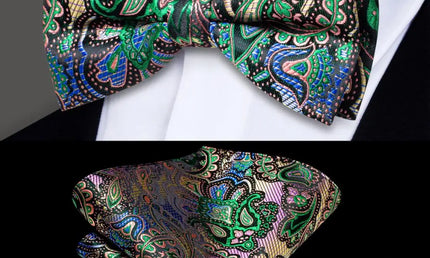 Multi Coloured Paisley Design Bow Tie With Matching Cuff Links and Pocket Square