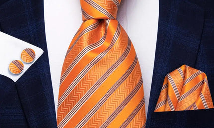 Orange Striped Tie With Matching Cuff Links and Pocket Square