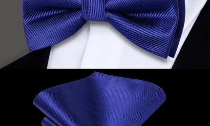 Plain Blue Textured Bow Tie With Matching Cuff Links and Pocket Square