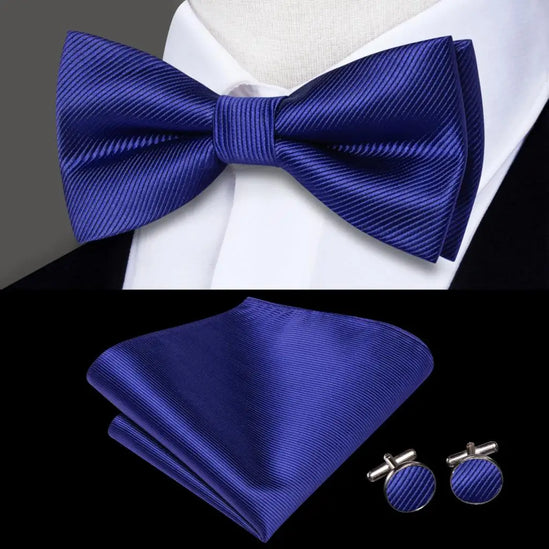 Plain Blue Textured Bow Tie With Matching Cuff Links and Pocket Square