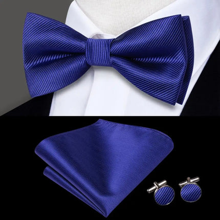 Plain Blue Textured Bow Tie With Matching Cuff Links and Pocket Square