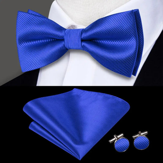 Plain Bright Blue Textured Bow Tie With Matching Cuff Links and Pocket Square