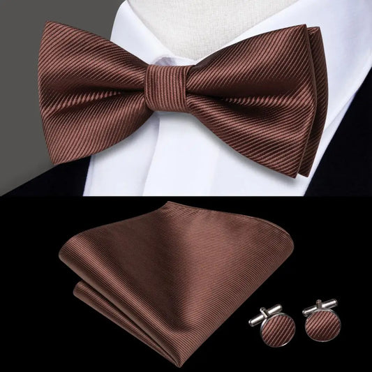 Plain Brown Textured Bow Tie With Matching Cuff Links and Pocket Square