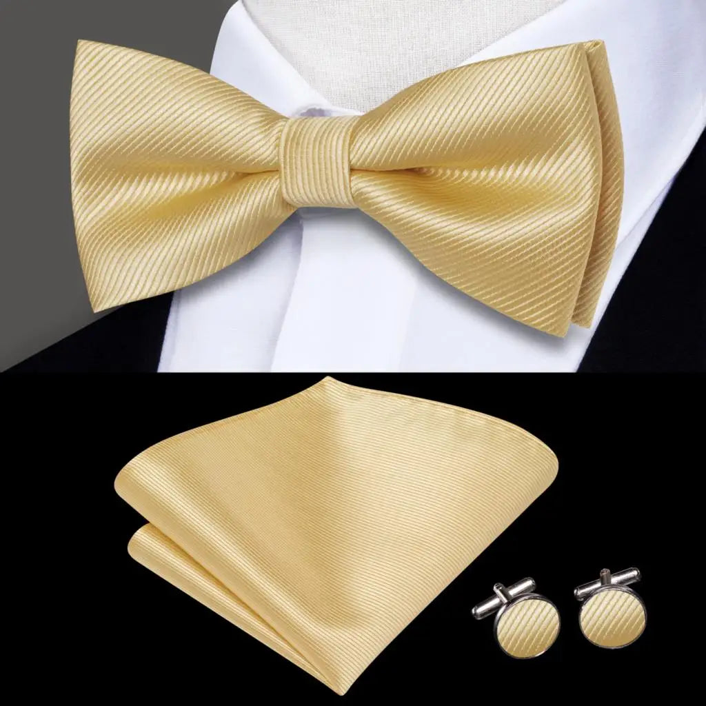 Plain Gold Textured Bow Tie With Matching Cuff Links and Pocket Square