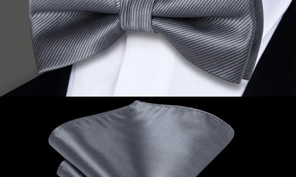 Plain Gray Textured Bow Tie With Matching Cuff Links and Pocket Square