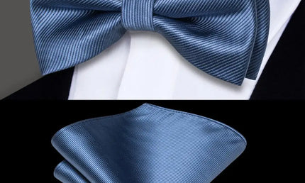 Plain Light Blue Textured Bow Tie With Matching Cuff Links and Pocket Square