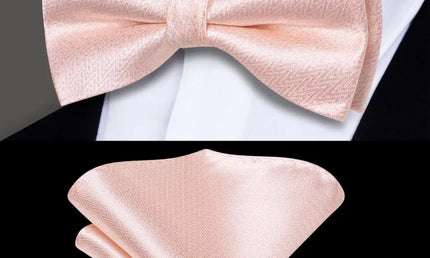 Plain Pink Textured Bow Tie With Matching Cuff Links and Pocket Square