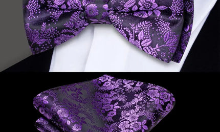 Purple Floral Design Bow Tie With Matching Cuff Links and Pocket Square