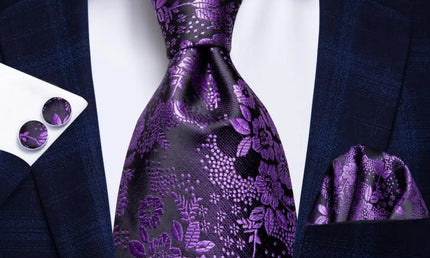 Purple Floral Design Tie With Matching Cuff Links and Pocket Square