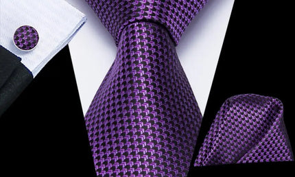 Purple Geometric Design Tie With Matching Cuff Links and Pocket Square