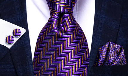 Purple and Gold Striped Tie With Matching Cuff Links and Pocket Square