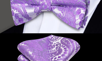 Purple and Silver Paisley Bow Tie With Matching Cuff Links and Pocket Square