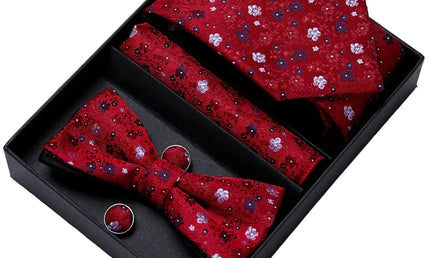 Red Floral Pattern Tie, Bow Tie, Pocket Square and Cuff Links Gift Set