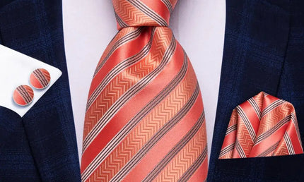 Red and Orange Striped Tie With Matching Cuff Links and Pocket Square