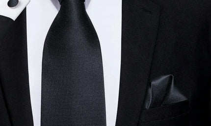 Solid Black Textured Tie With Matching Cuff Links and Pocket Square