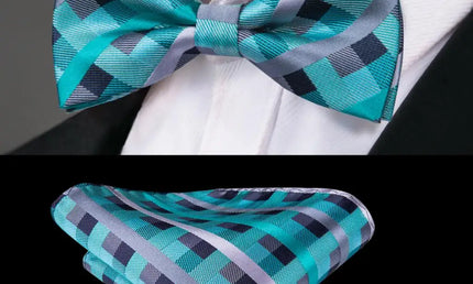 Turquoise and Gray Check Design Bow Tie With Matching Cuff Links and Pocket Square