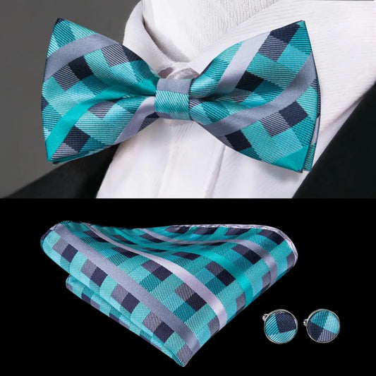 Turquoise and Gray Check Design Bow Tie With Matching Cuff Links and Pocket Square